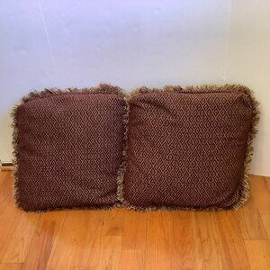 Set Of 2 Accent Pillows Burgundy Square Feather Filled Fringed Edges Classic
